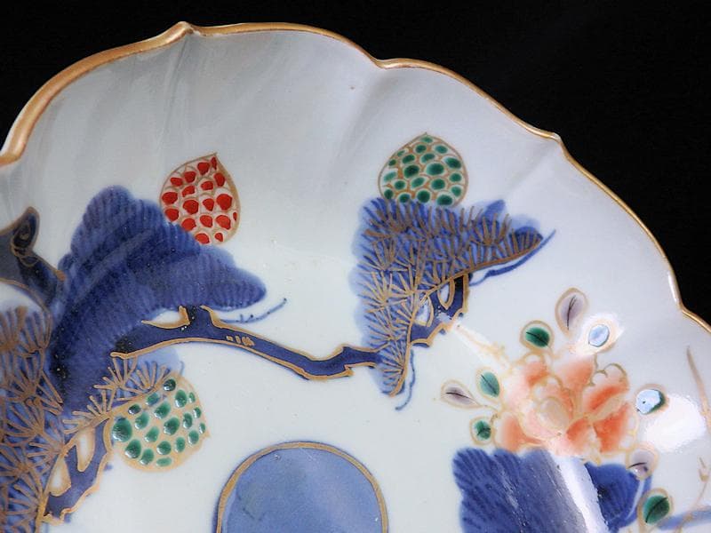 古伊万里　染付　三蓋松に牡丹の図　大膾皿　２客　江戸期　B231AS-CAj