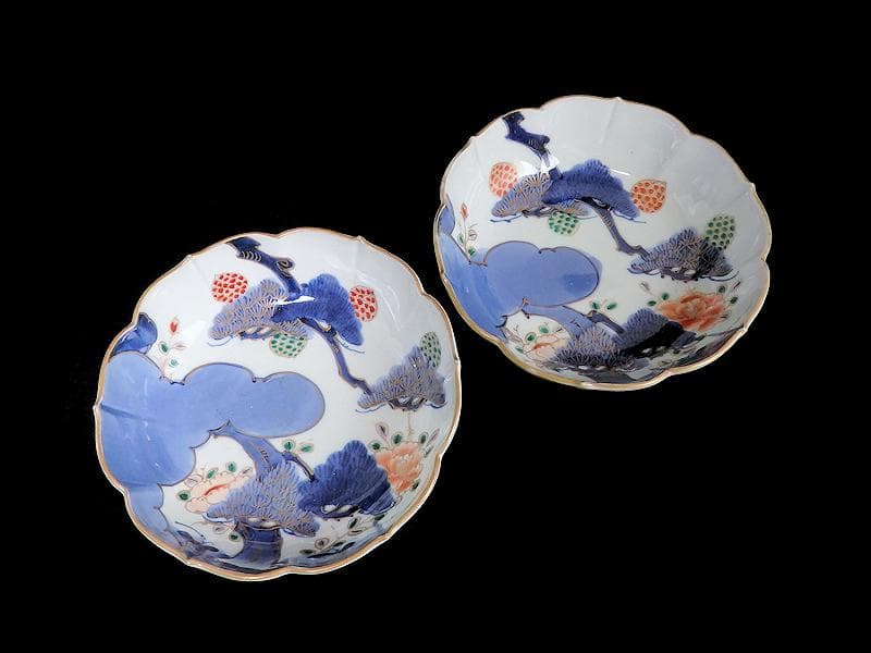 古伊万里　染付　三蓋松に牡丹の図　大膾皿　２客　江戸期　B231AS-CAj