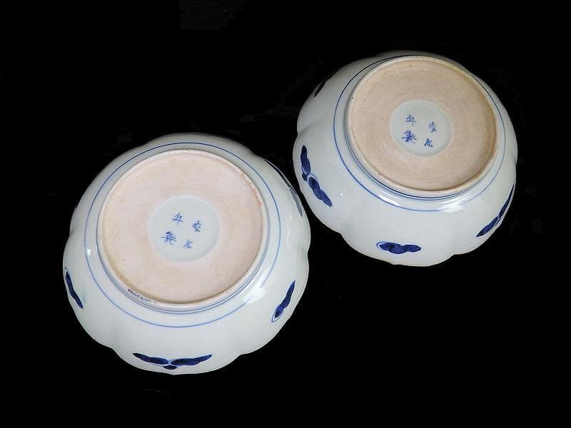 古伊万里　染付　三蓋松に牡丹の図　大膾皿　２客　江戸期　B231AS-CAj