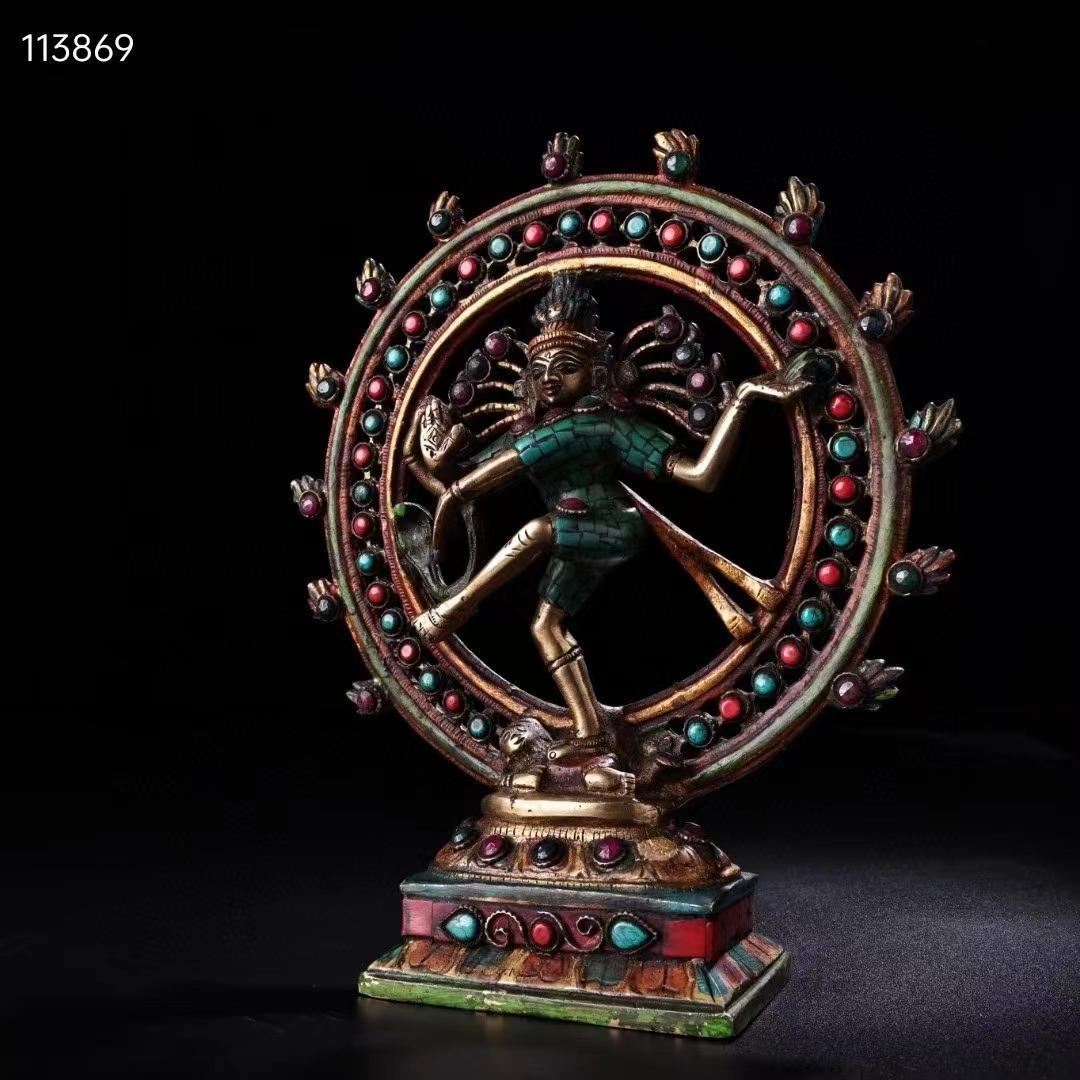 中国古美術・チベット収・純銅・蔵伝工芸・宝石彩絵描金・立自在度母・置物・供養仏像