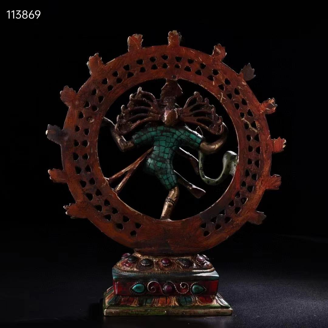 中国古美術・チベット収・純銅・蔵伝工芸・宝石彩絵描金・立自在度母・置物・供養仏像