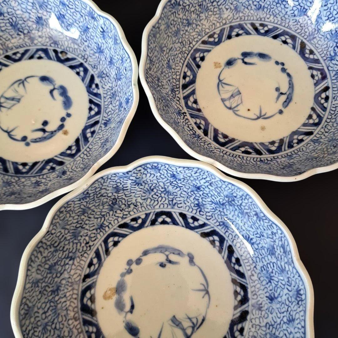 「人気の微塵(みじん)唐草文」 古伊万里皿(直径15.5cm) 3客セット 骨董