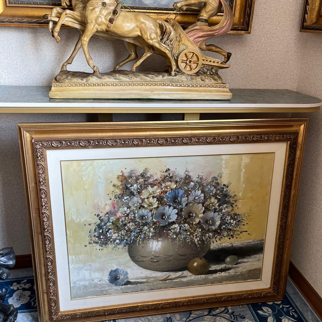 【更に値下げしました】花瓶の花 油彩画 大きめ 金色フレーム