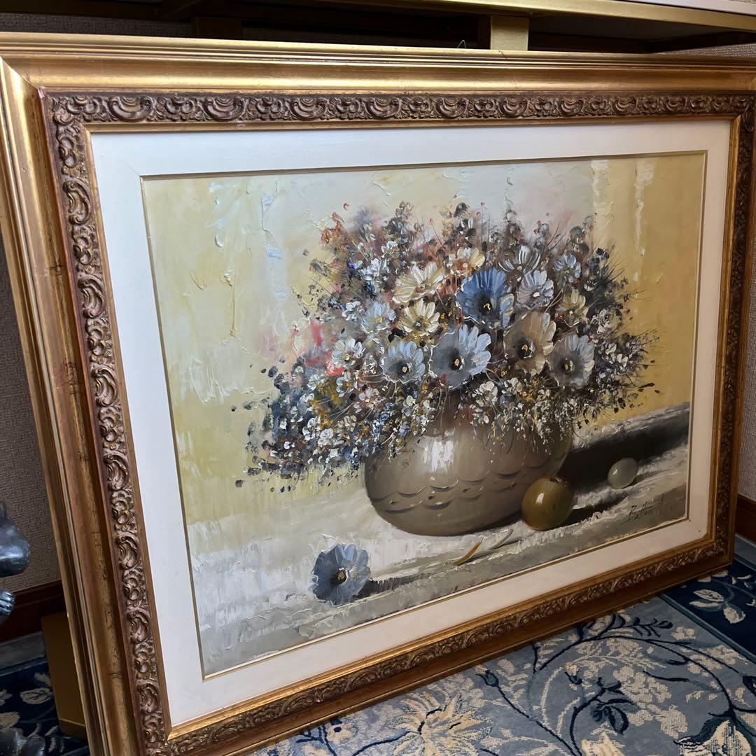 【更に値下げしました】花瓶の花 油彩画 大きめ 金色フレーム