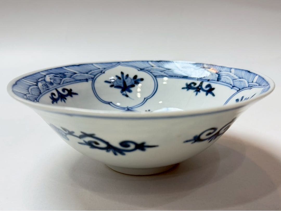 九谷　山本長左作　青華花鳥瑞果文　鉢