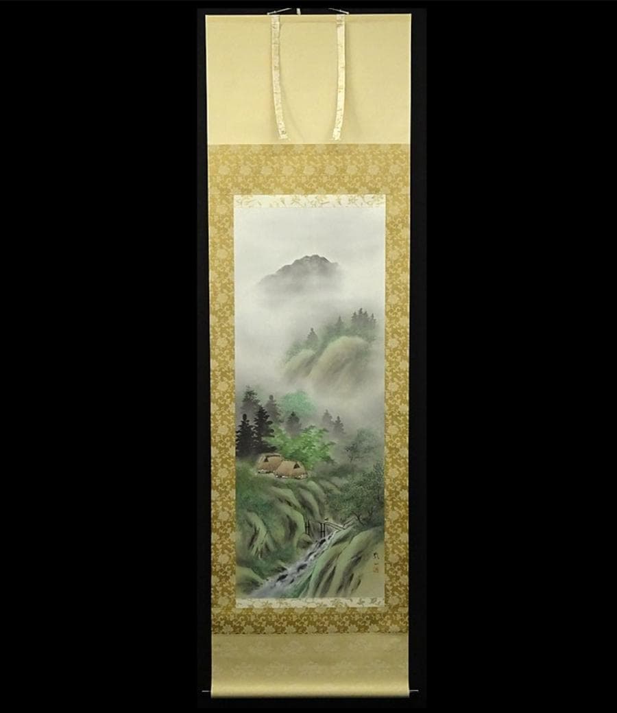 【真作】掛軸 加茂敬山『彩色山水』絹本 肉筆 共箱付 掛け軸 g08266