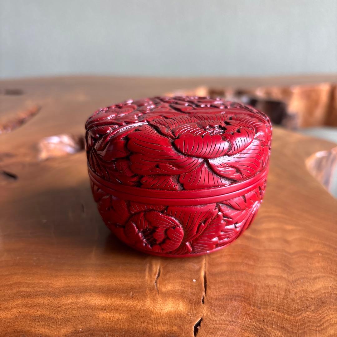 堆朱牡丹唐草 棗 泉山作 茶道具 共箱