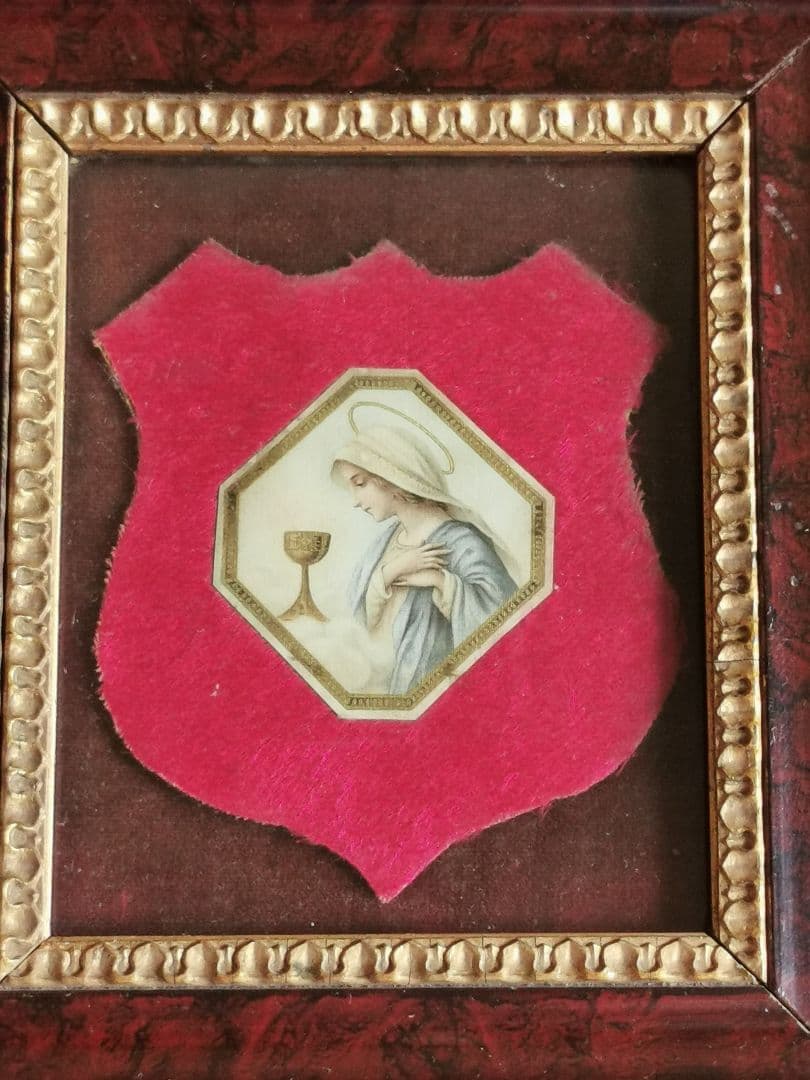 アンティークフランス マリア様の横顔と聖杯 ローズウッド 金彩彫刻ガラスフレーム