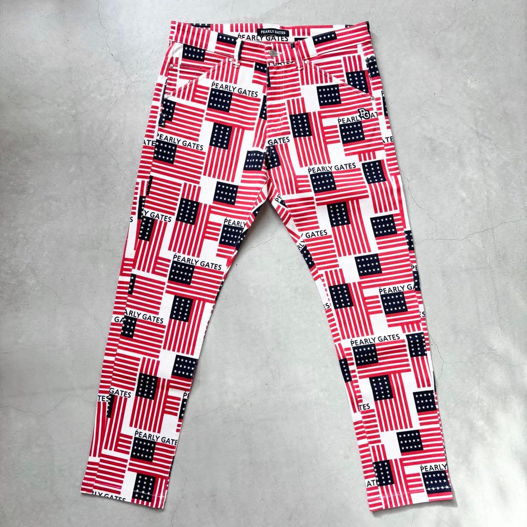 【美品】PEARLY GATES 星条旗 総柄 ストレッチロングパンツ ロゴ刺繍