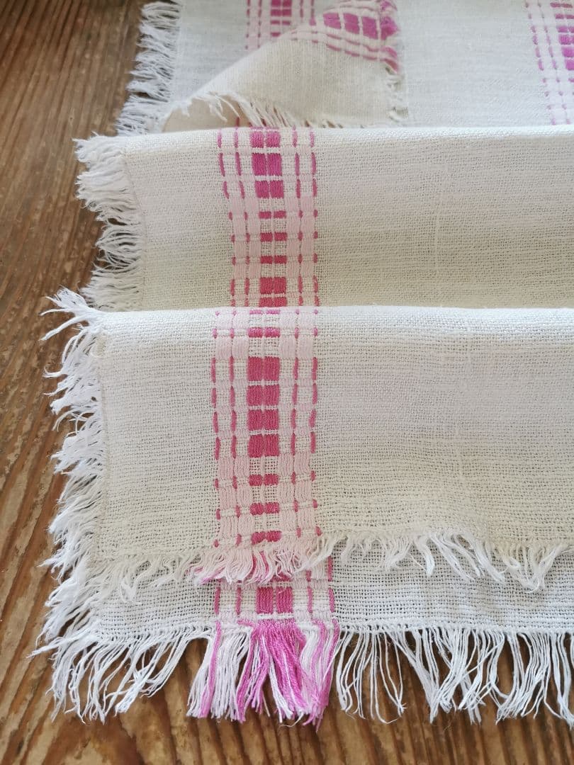 ヴィンテージフランス ラズベリー＆桜ピンク織刺繍 テーブルマット リネンランナー