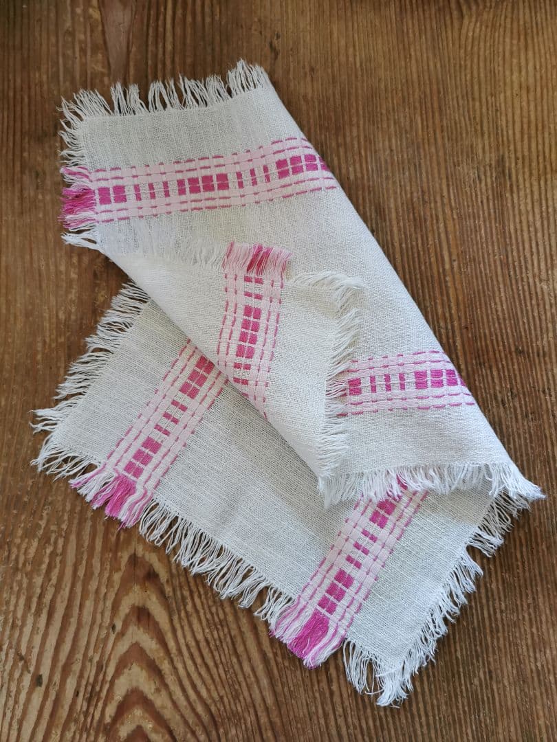 ヴィンテージフランス ラズベリー＆桜ピンク織刺繍 テーブルマット リネンランナー