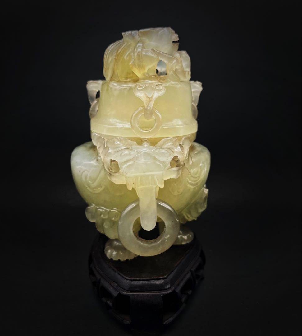 中国美術 古玩 龍紋獸足香壚 青玉香爐 香道具 台座付き