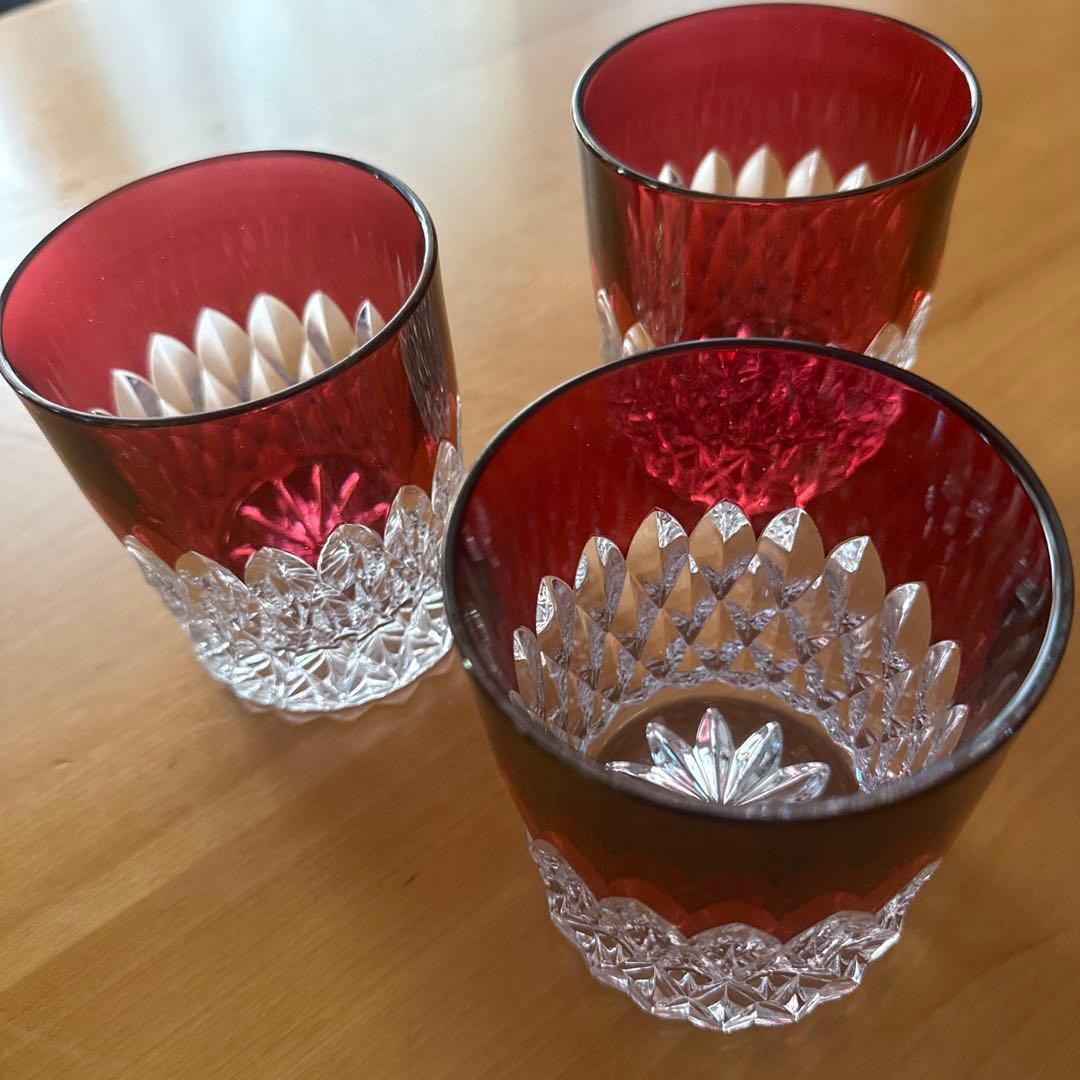 80's未使用★アンティークカットガラス被せガラス３個セット