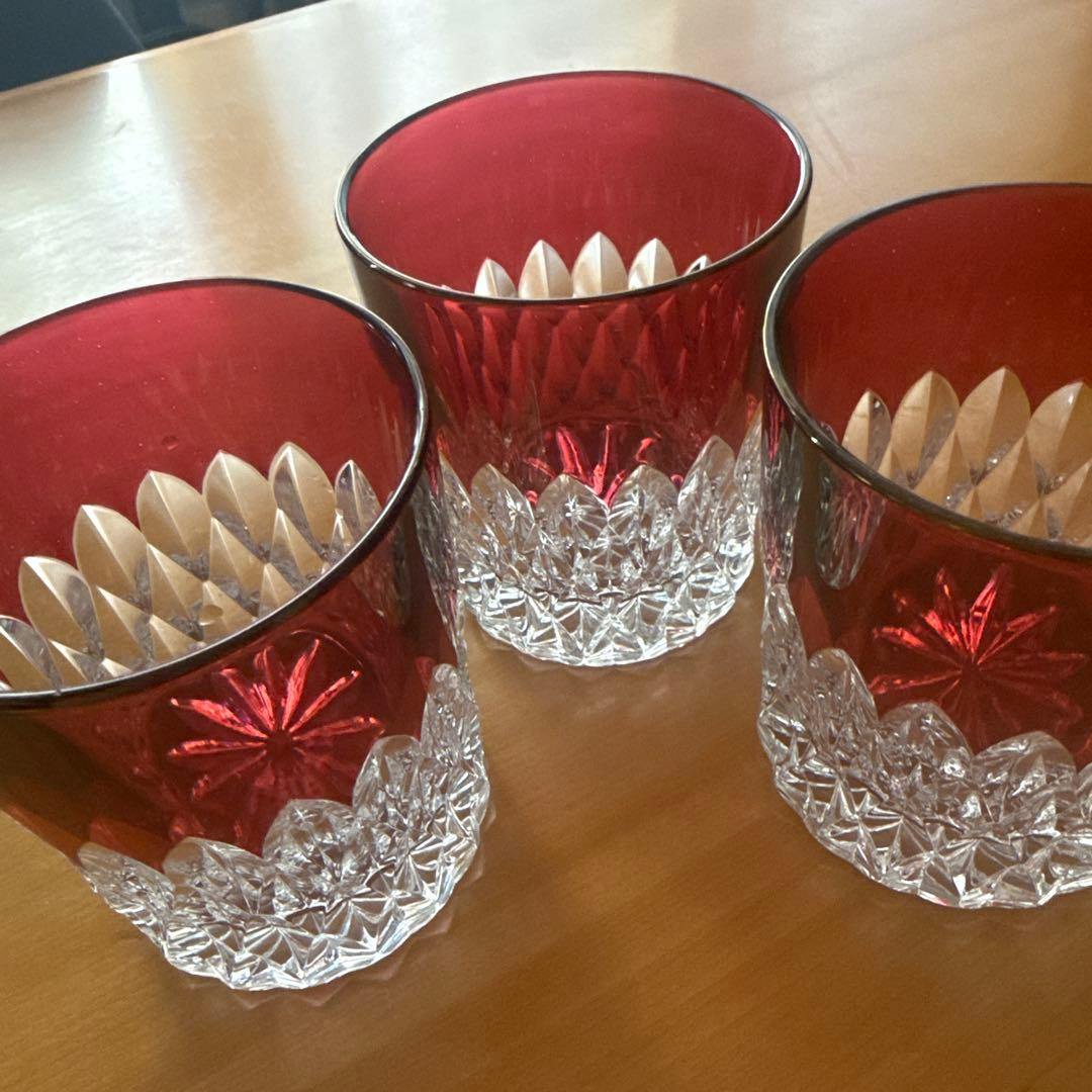80's未使用★アンティークカットガラス被せガラス３個セット