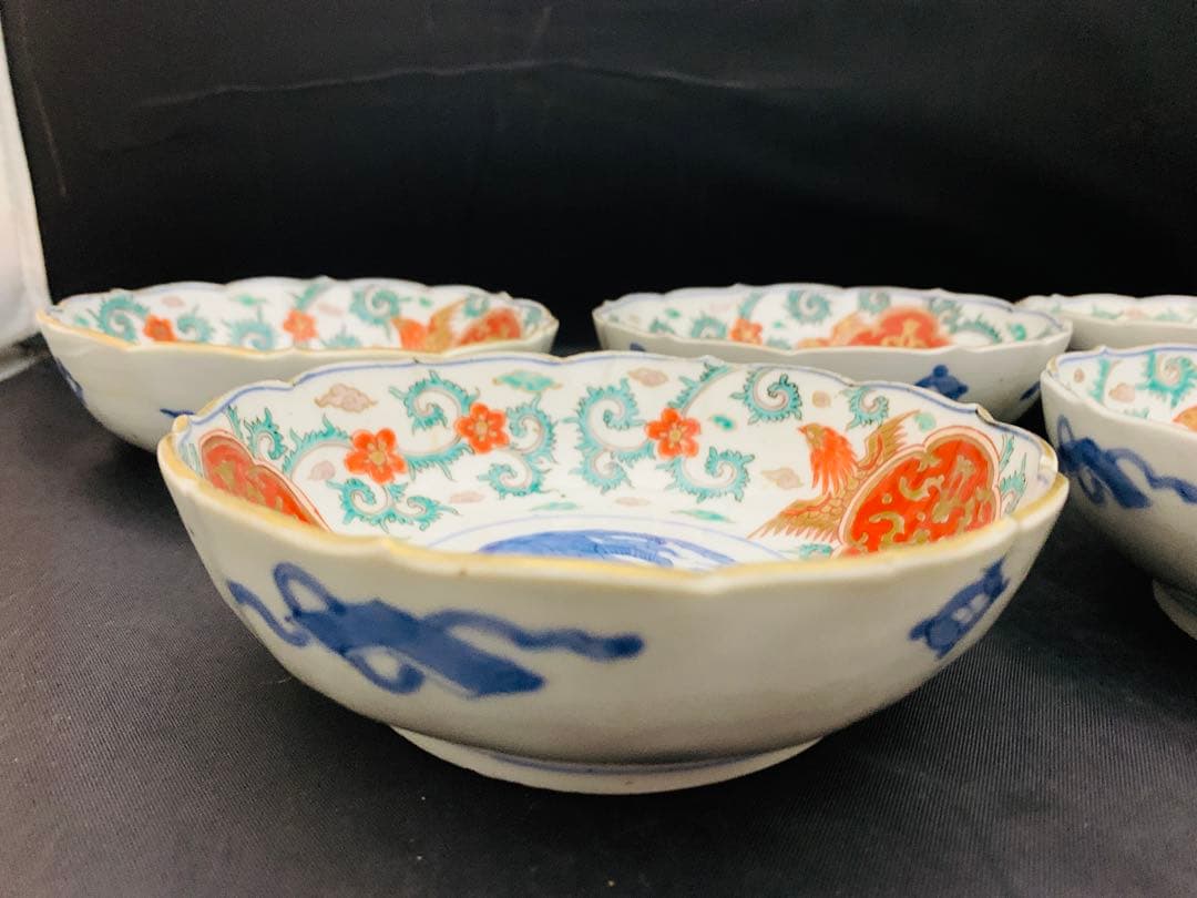 錦手金彩色絵　花唐草　龍　鳳凰　なます皿　5客　伊万里　時代皿