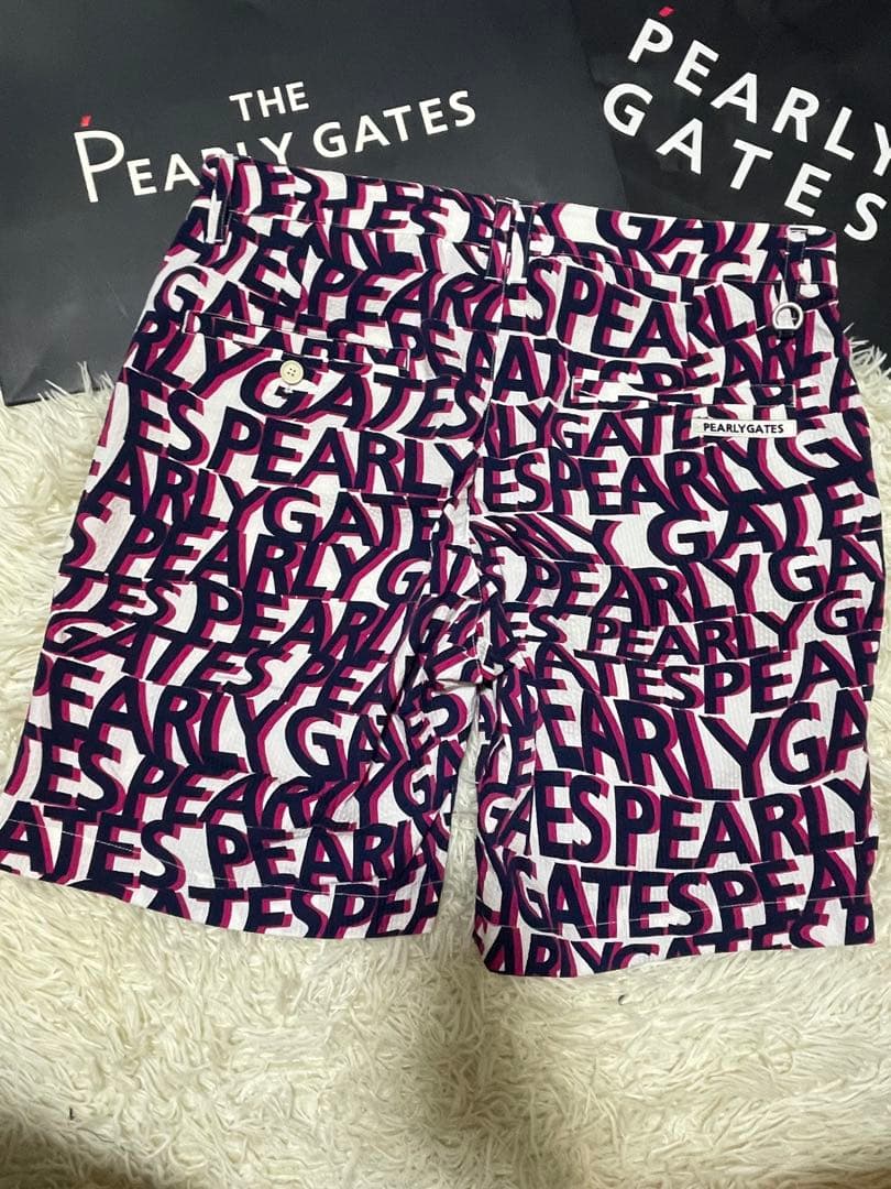 パーリーゲイツストレッチサッカーストライプ ショートパンツウェーブロゴ柄サイズ6