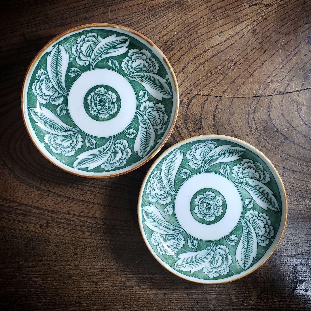 印判皿　明治　大正　二枚　花文様　牡丹　大正ロマン　モダン