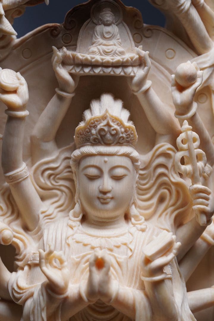 天然マンモス牙美しい手作り彫刻千手観音 置物