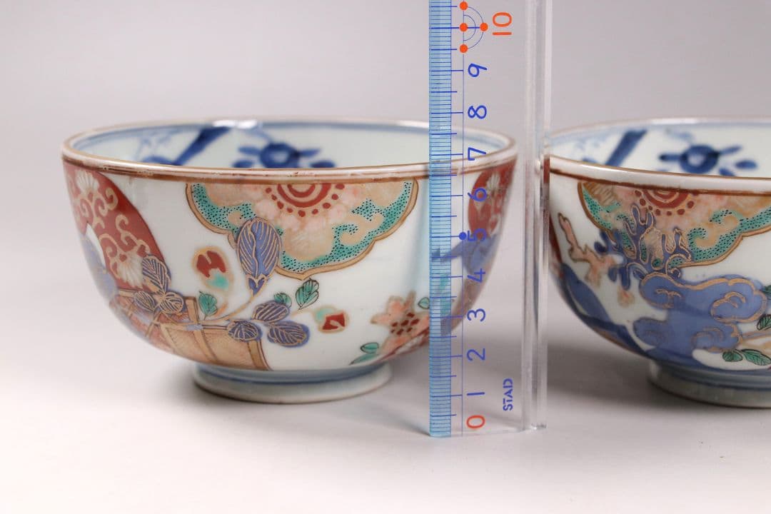 古伊万里 色絵蓋茶碗 二客 太宣年成 花鳥 錦手 染錦 赤絵 金彩 M859
