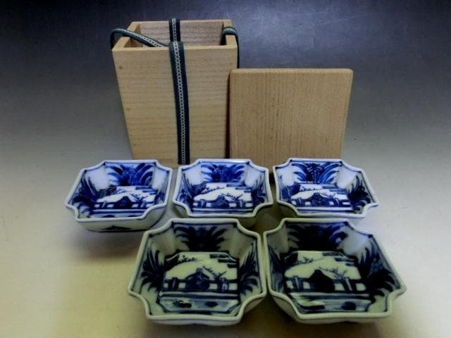 小皿■染付人物絵【大日本永楽造】5客 手塩皿 古京焼 永楽得全 青華 古玩 骨董