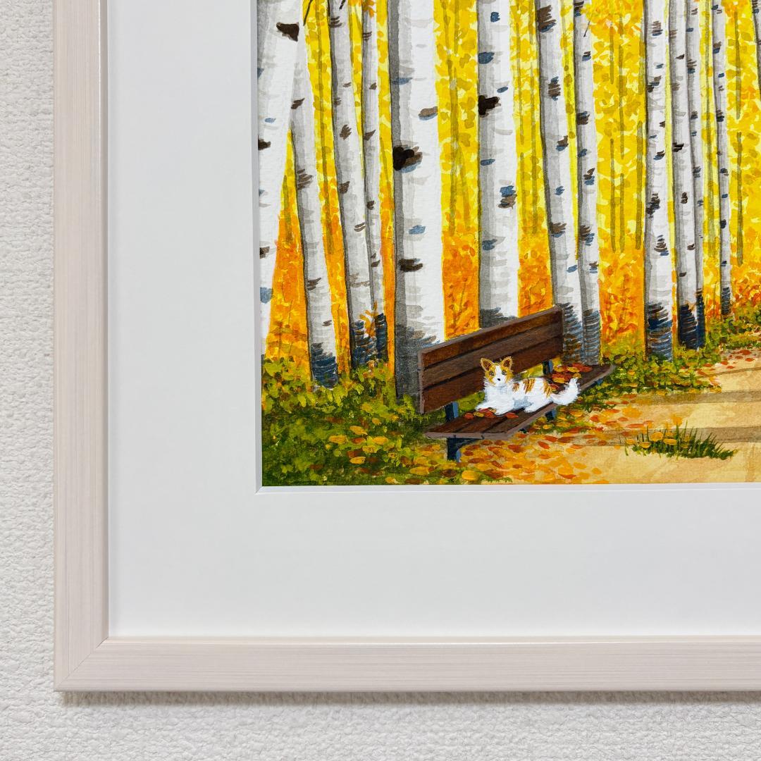 透明水彩画　原画　「白樺の小径01」額縁付き　F4サイズ　風景画