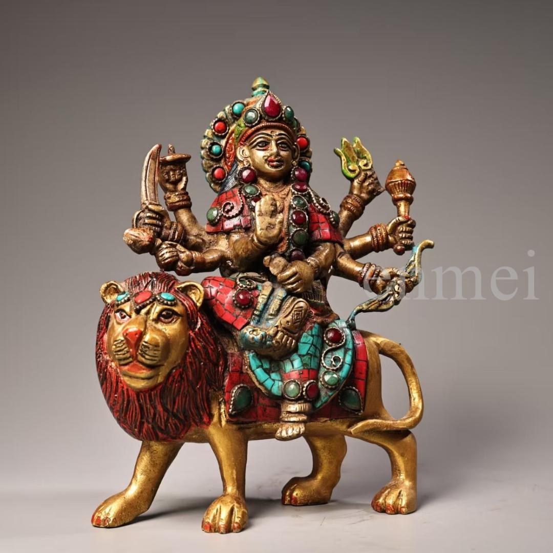 旧藏・ネパール仏教美術・六臂騎獅護法神像・宝石装飾・彩色描金・純銅製・仏像・風水