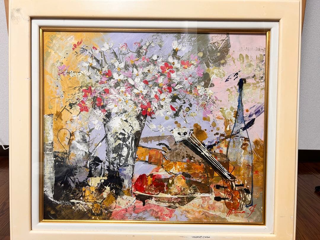 花瓶と楽器の油彩画　静物画　池田秀郎