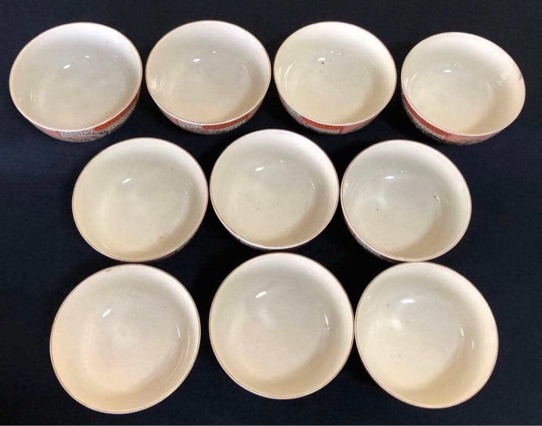 《R》伊万里 赤絵 色絵 蓋碗10客 蓋茶碗 蓋物 木箱　260107か5