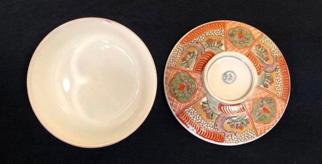 《R》伊万里 赤絵 色絵 蓋碗10客 蓋茶碗 蓋物 木箱　260107か5
