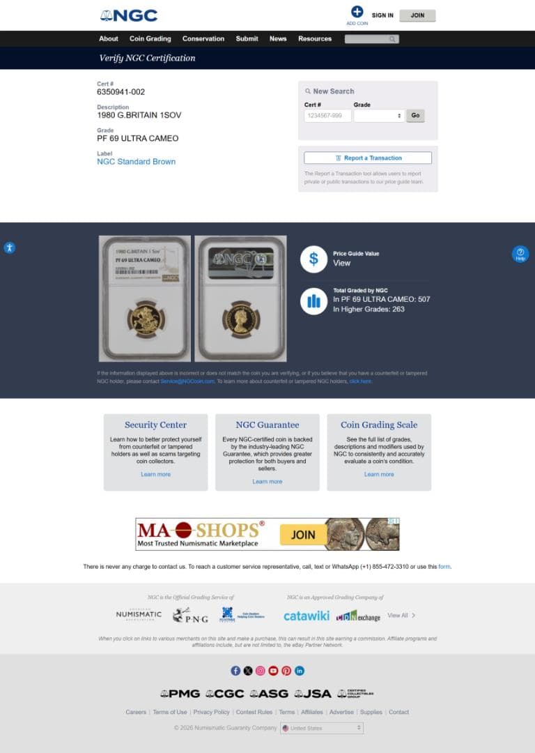 準最高鑑定　NGC-PF69 　ヤングエリザベス　ソブリン　1980