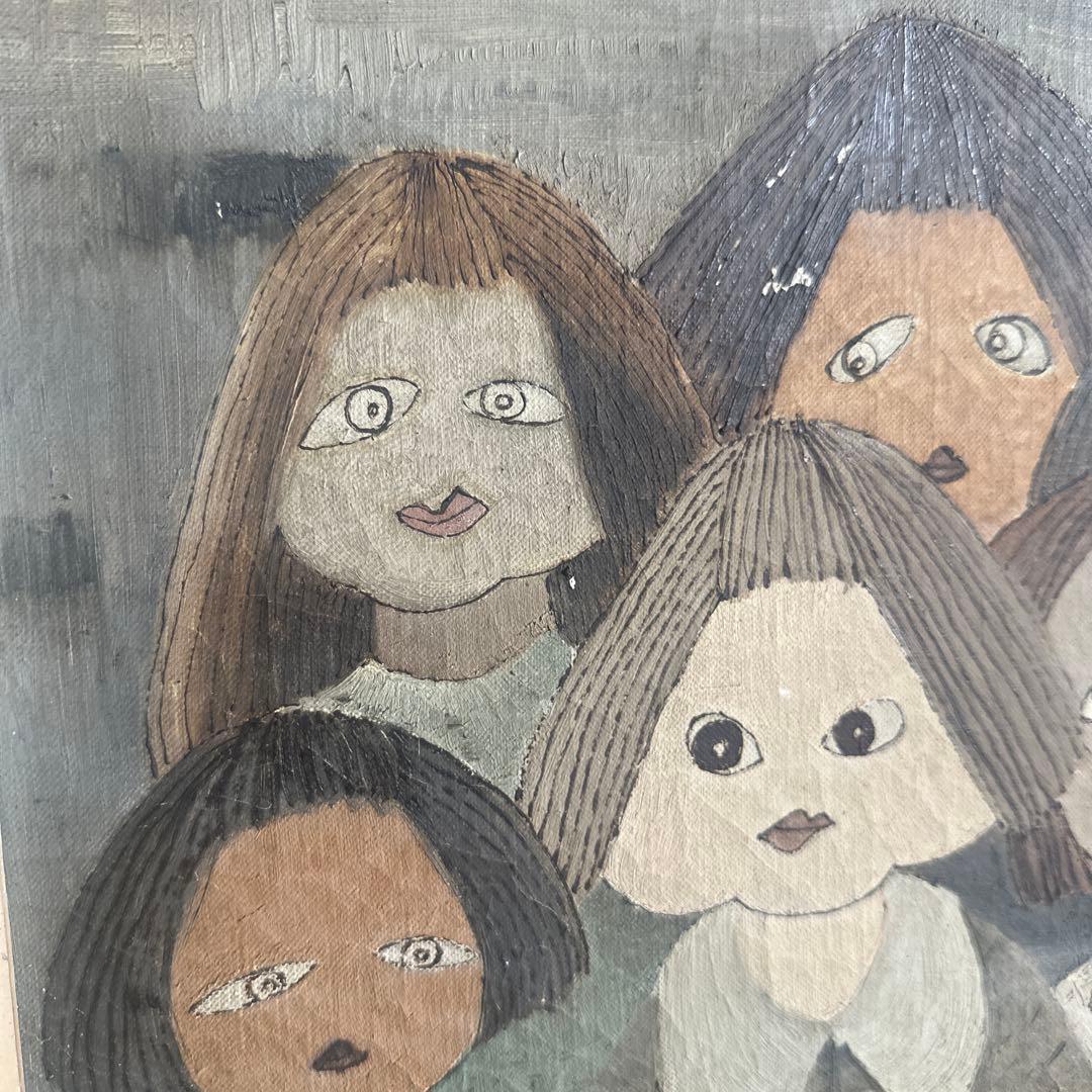 シュールでかわいすぎて驚き❣️ヴィンテージ油彩画 人物画 フレーム付き