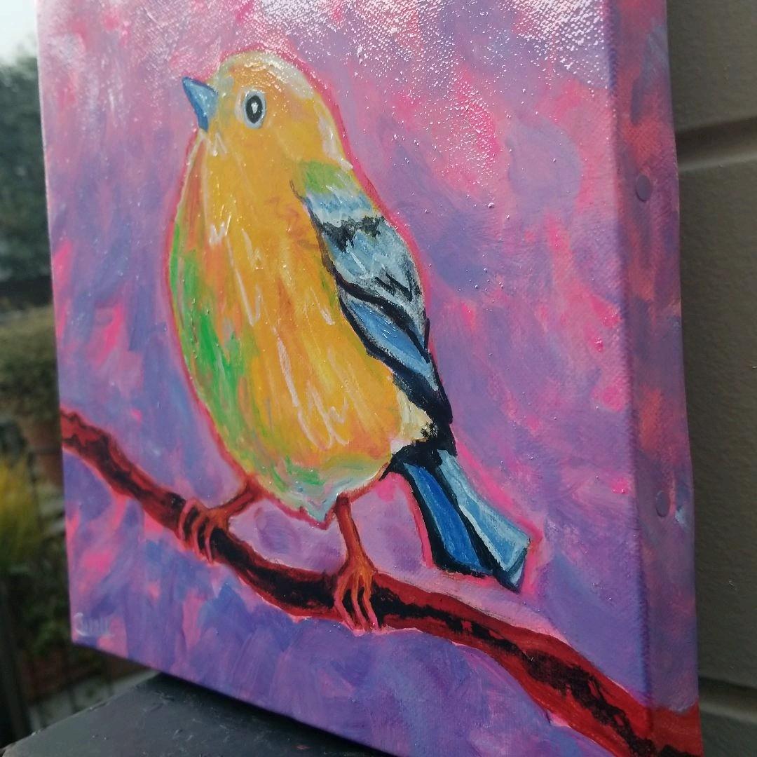 油絵　専用　朝やけに胸をはる黄色い鳥