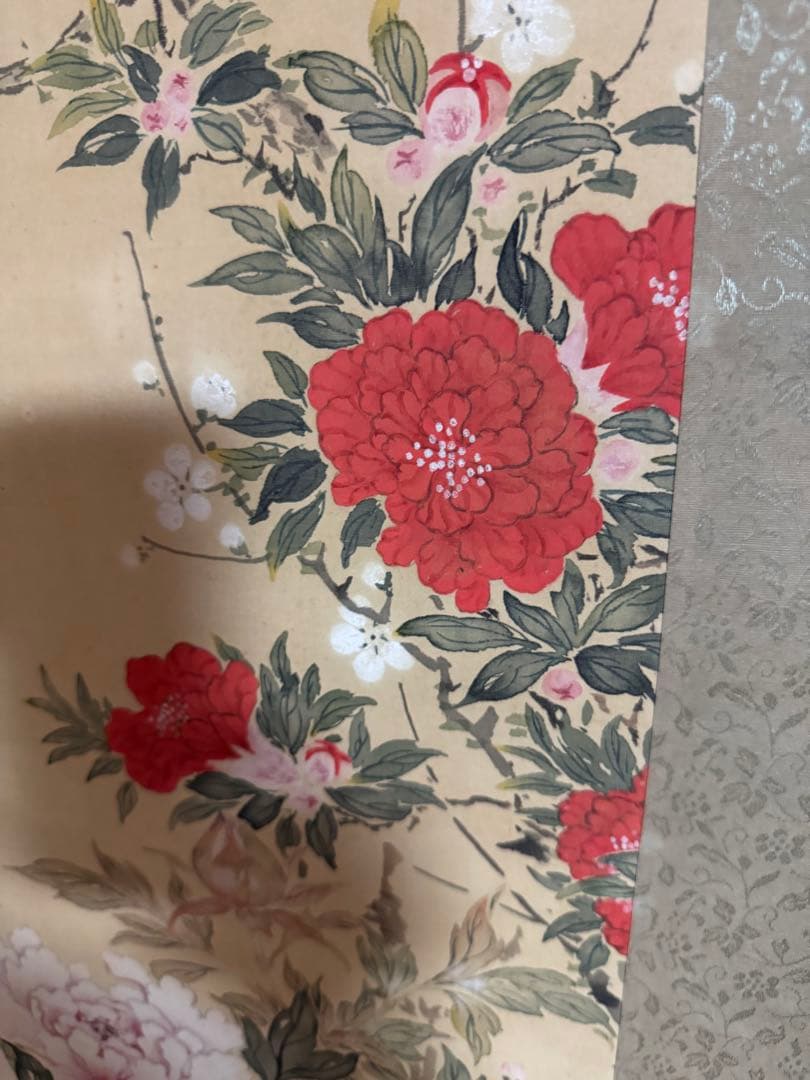 水墨画 鳥と花 署名入り　掛け軸