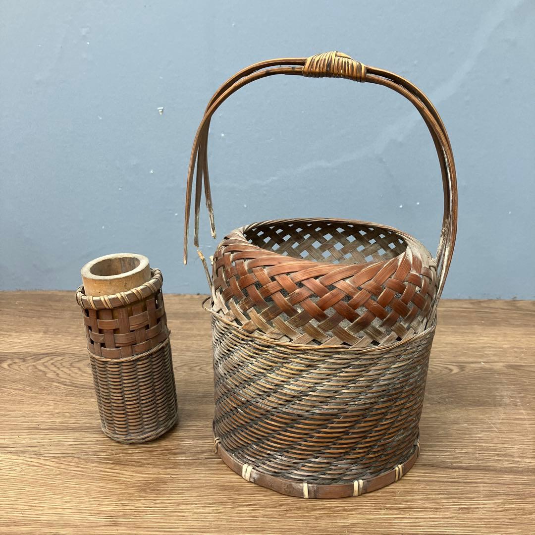D-5 昭和レトロ 竹編み 花籠 花入れ 竹筒付き 華道具 茶道具 インテリア