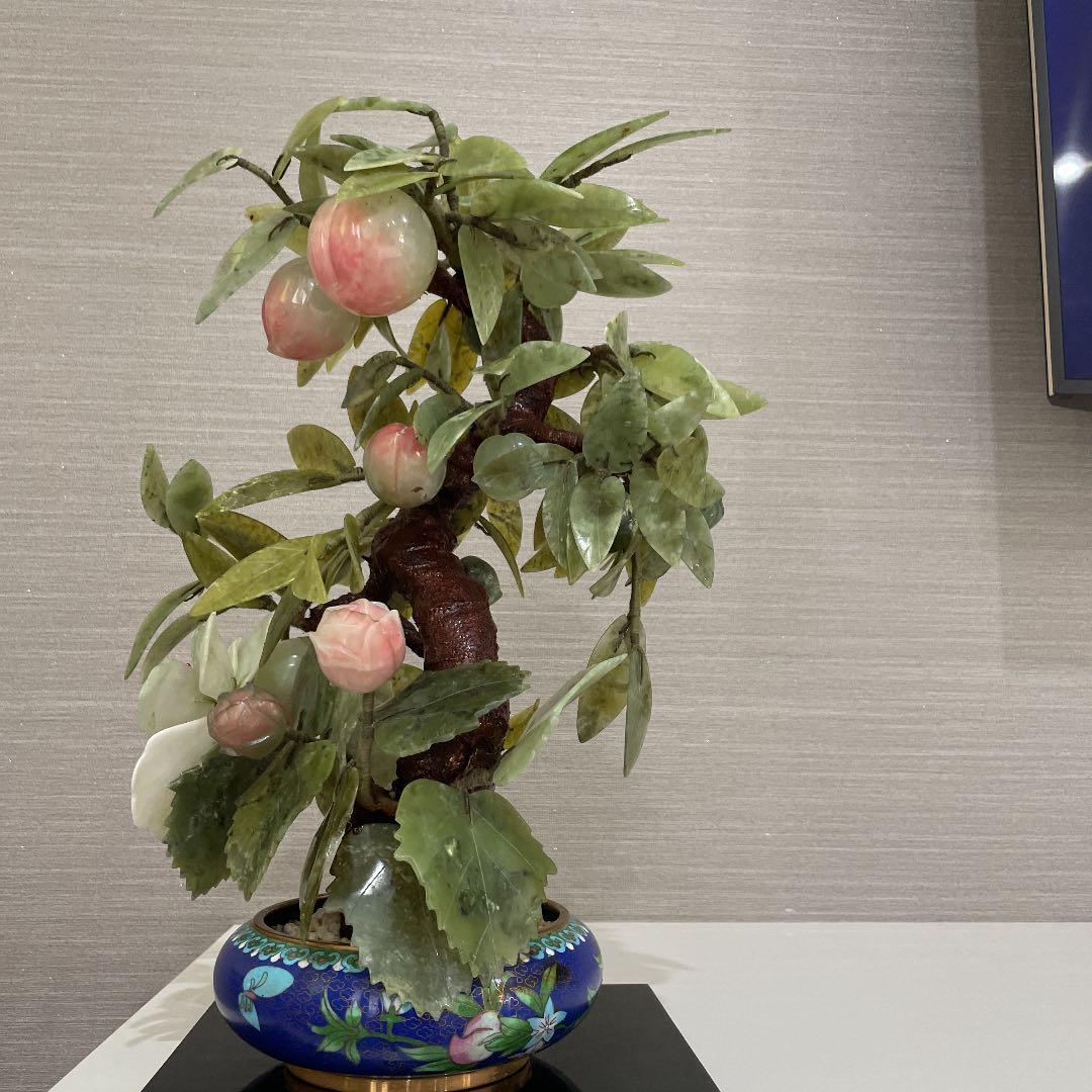 希少品　中国景泰蓝 置物　特大天然石　玉石　桃 年代物　重さ約3.5キロ！