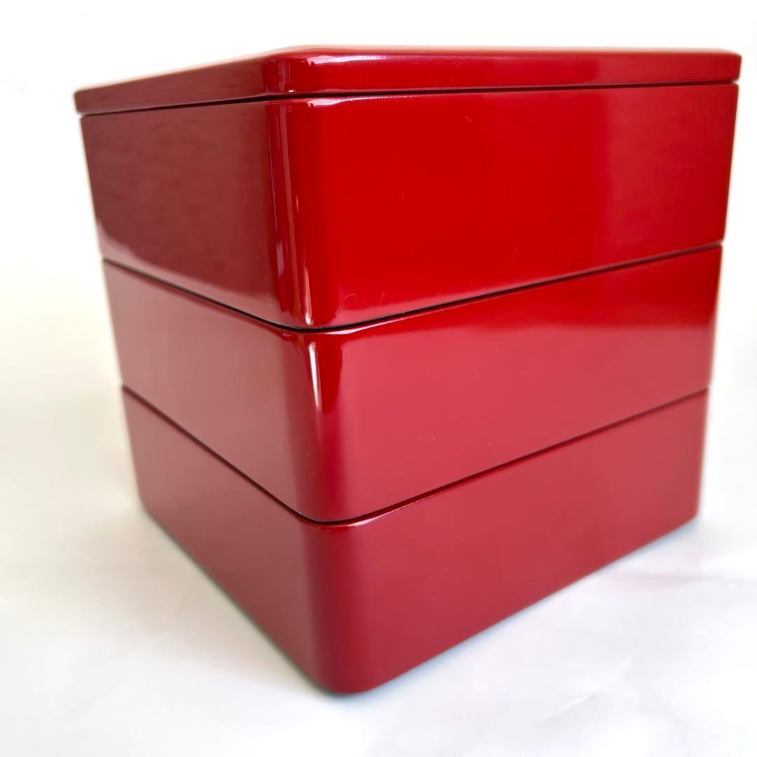 【美品】漆器 木製 漆塗り 重箱 三段重箱 三段重 お重 赤 日本製 モダン