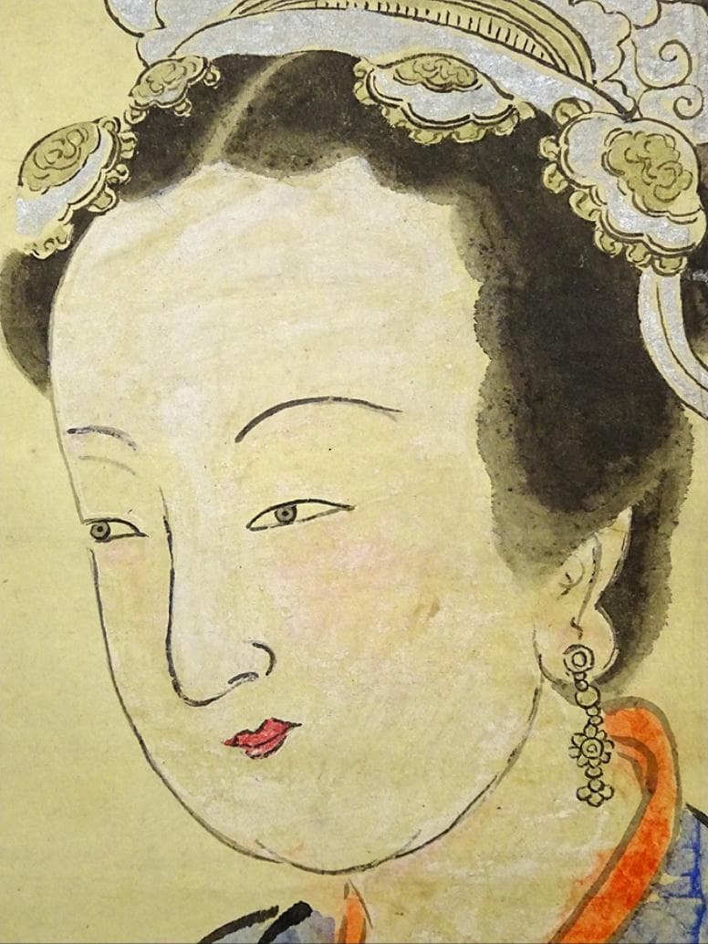 【模写】大幅掛軸 仇英『笛持美人図』中国画 紙本 肉筆 掛け軸 a010914