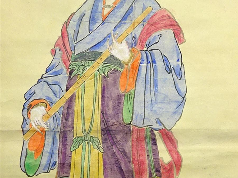 【模写】大幅掛軸 仇英『笛持美人図』中国画 紙本 肉筆 掛け軸 a010914