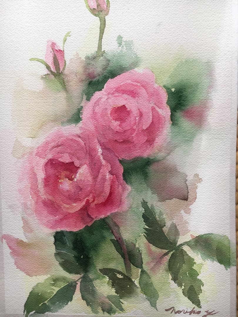 透明水彩画原画ピンクの薔薇⑥