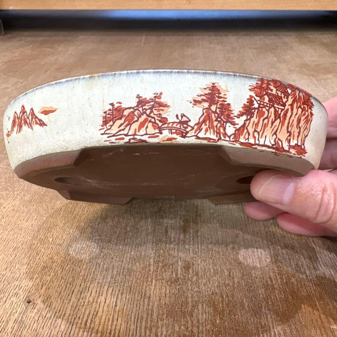 盆栽鉢／赤絵山水 楕円形 約10cm x 15cm