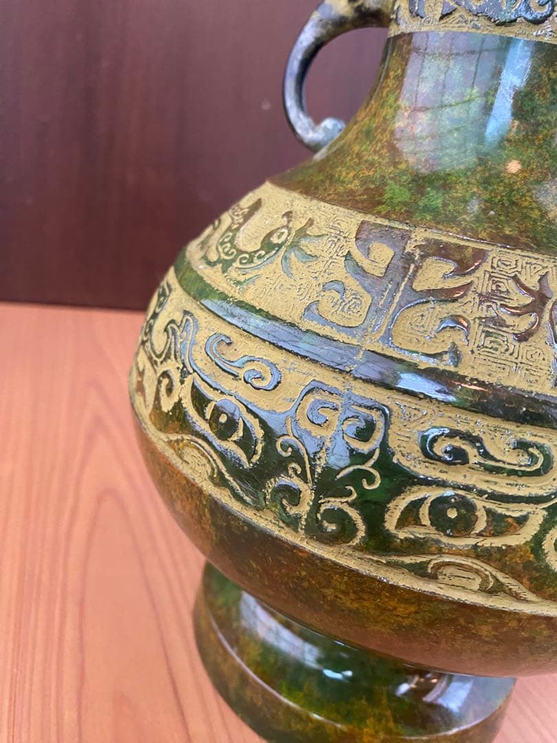 青銅 饕餮文 双耳 花瓶 越峰作 高岡銅器 未使用保管品