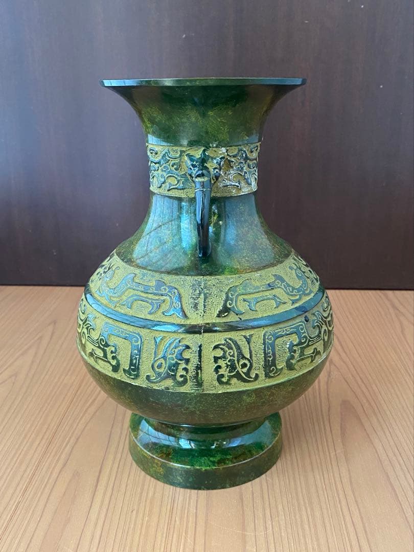 青銅 饕餮文 双耳 花瓶 越峰作 高岡銅器 未使用保管品
