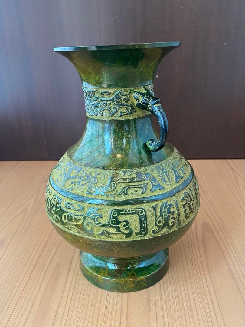 青銅 饕餮文 双耳 花瓶 越峰作 高岡銅器 未使用保管品