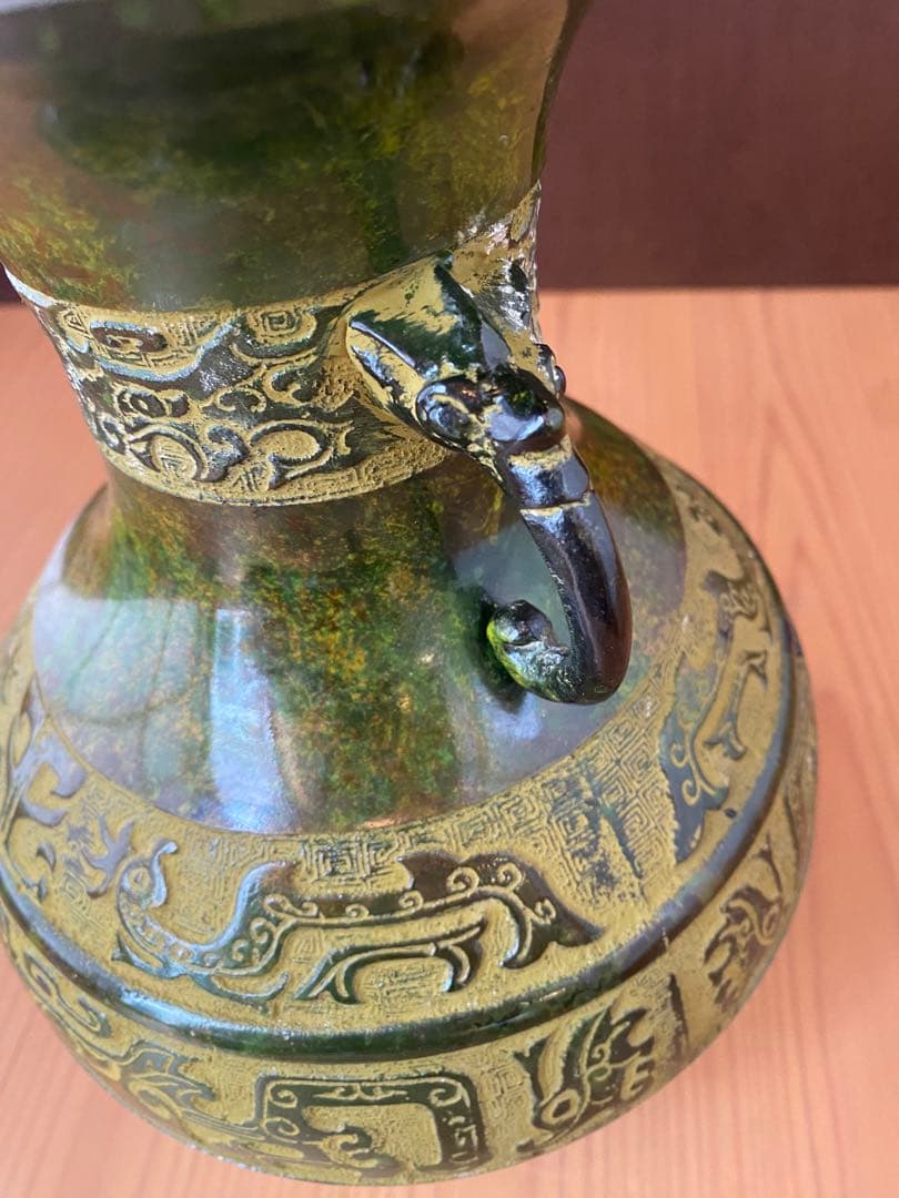 青銅 饕餮文 双耳 花瓶 越峰作 高岡銅器 未使用保管品