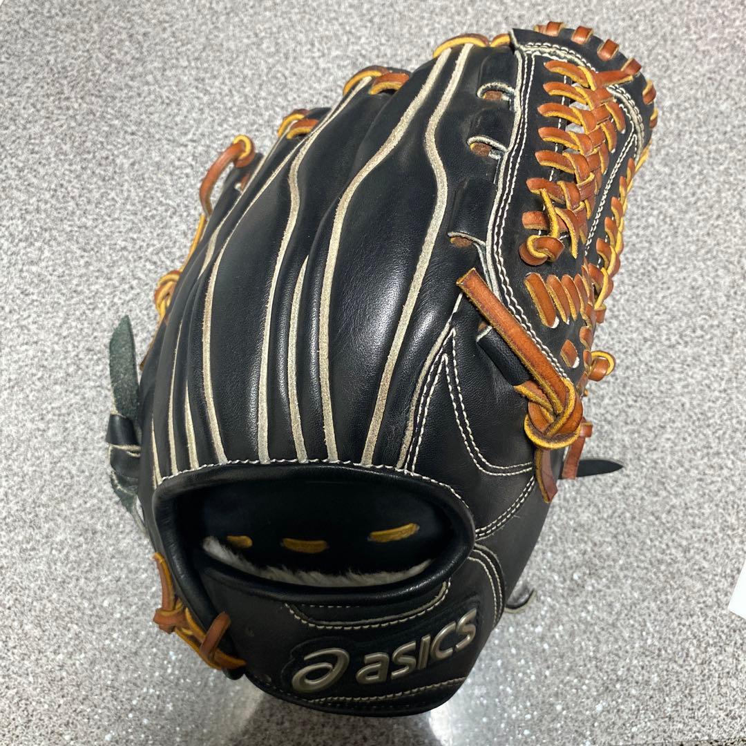 asics 軟式グローブ 黒 レザー ストライプ