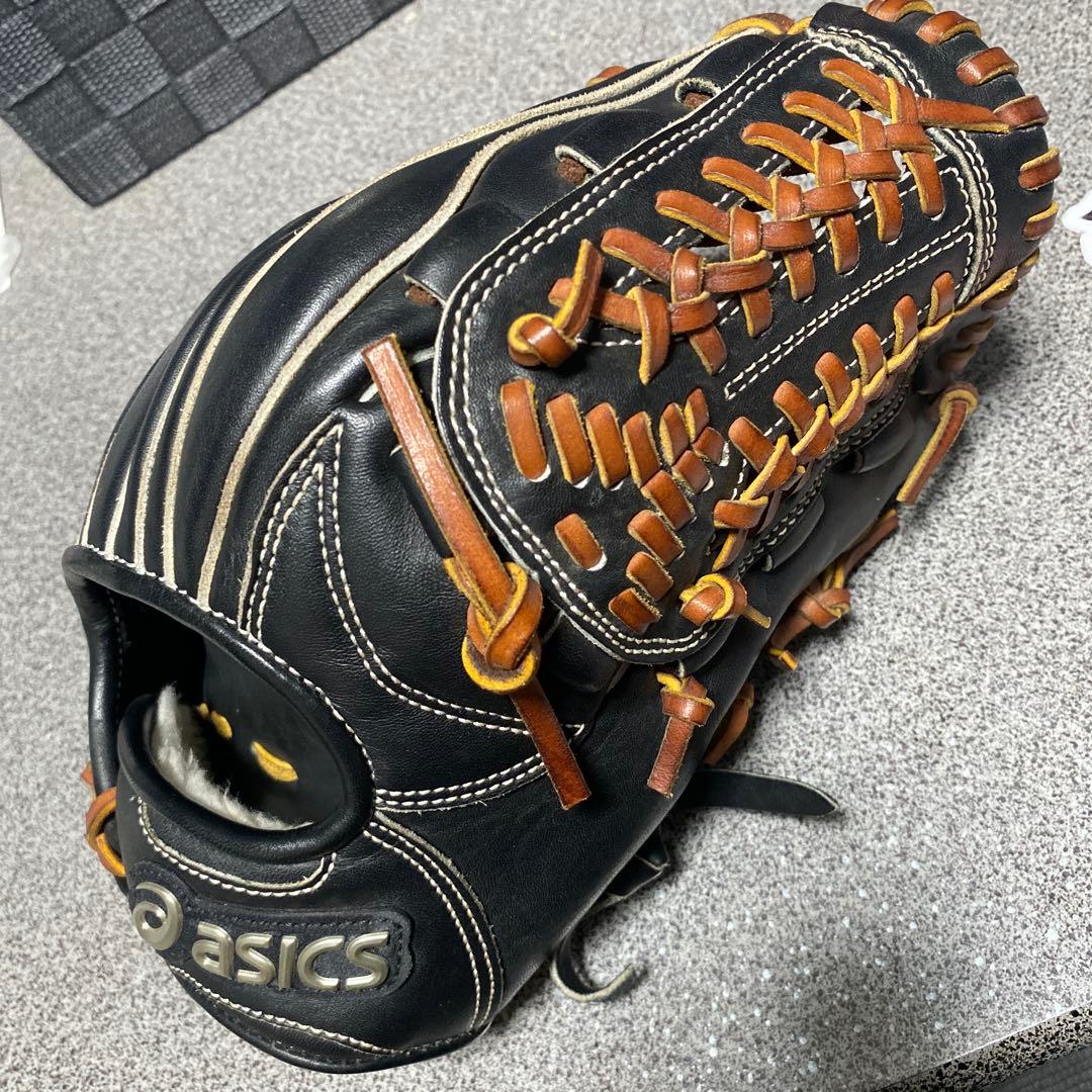 asics 軟式グローブ 黒 レザー ストライプ