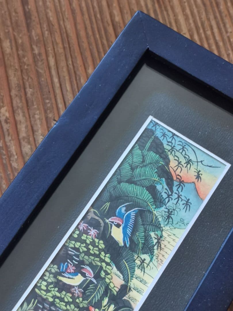 インドネシアバリ島アート 田園と亜熱帯の鳥と花 細密手描き風景画 マスターピース