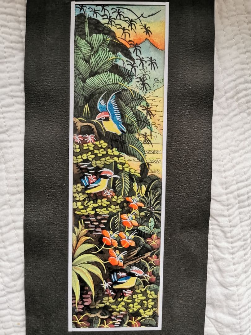 インドネシアバリ島アート 田園と亜熱帯の鳥と花 細密手描き風景画 マスターピース