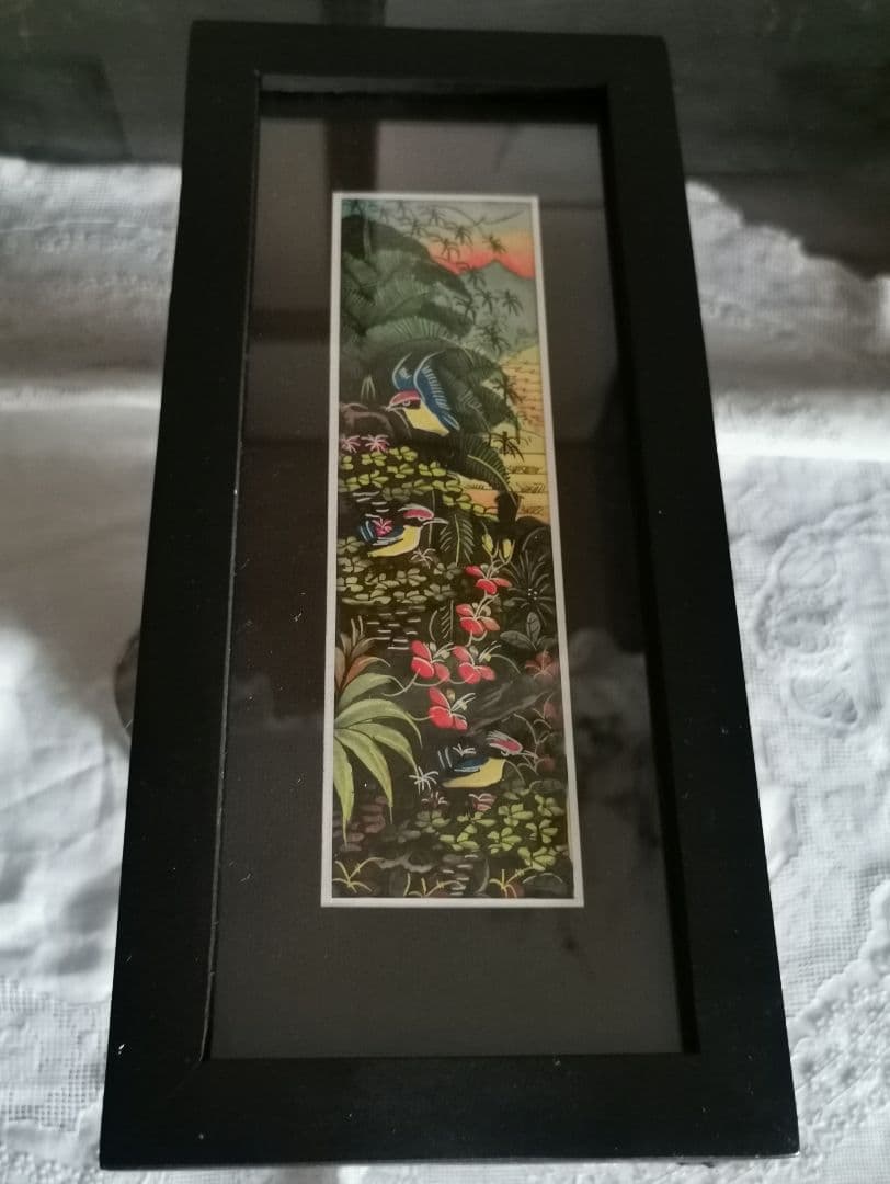 インドネシアバリ島アート 田園と亜熱帯の鳥と花 細密手描き風景画 マスターピース