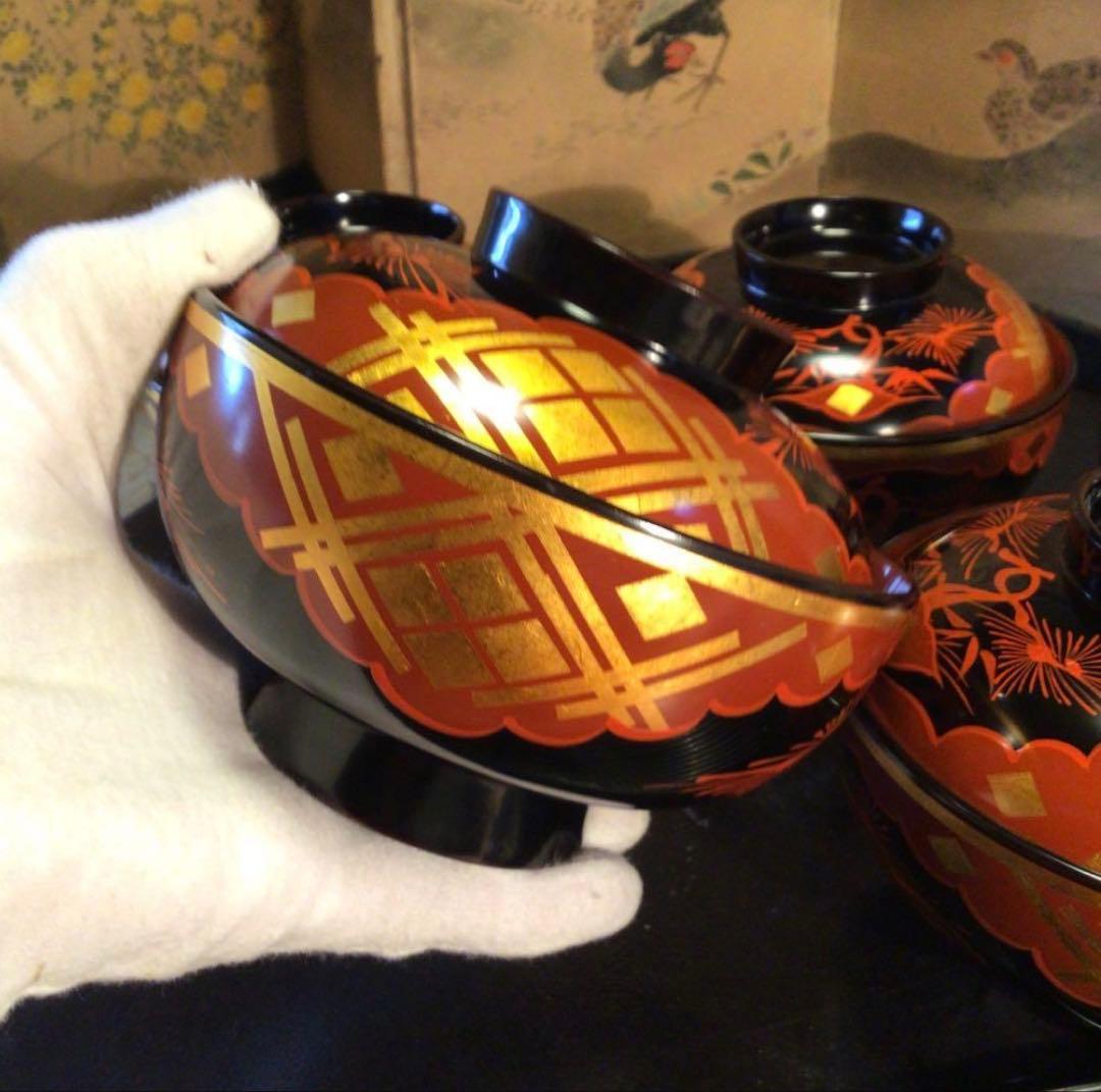 A1062 木製漆器　懐石道具　秀衡塗　椀　（丸三漆器）5客箸　5膳　揃え